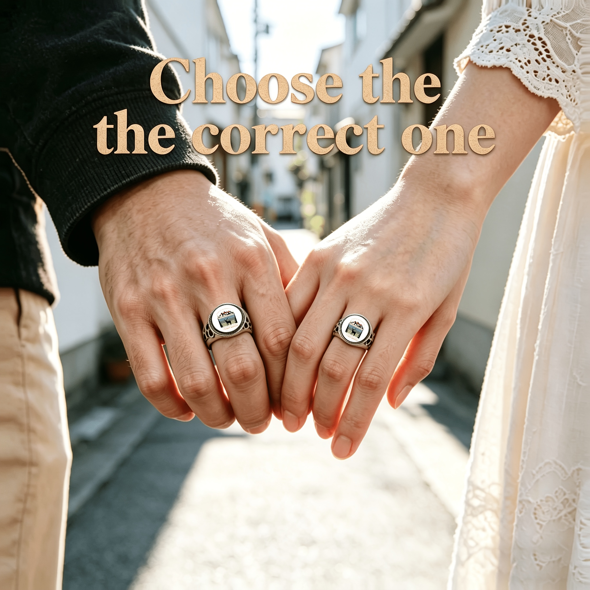 Unisex Adjustable Open-End Ring with Distressed Deer & Mountain Design